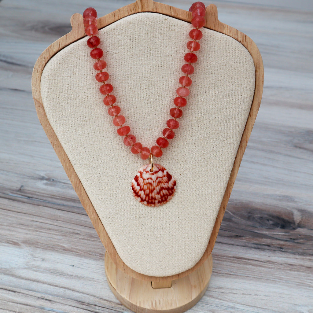 Cherry Quartz & Calico Scallop Shell Beaded Necklace