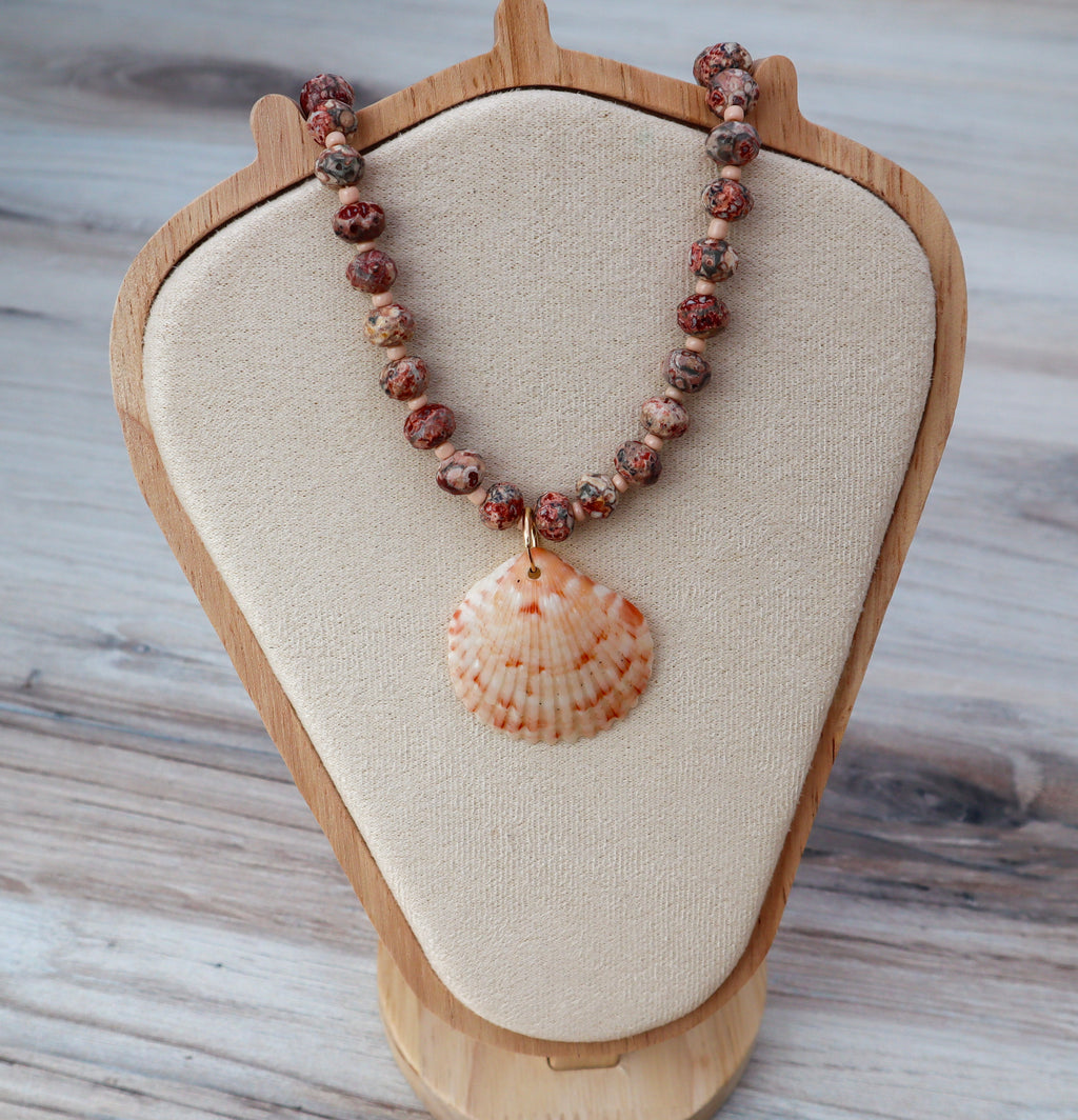 Leopard Skin Jasper & Scallop Shell Beaded Necklace