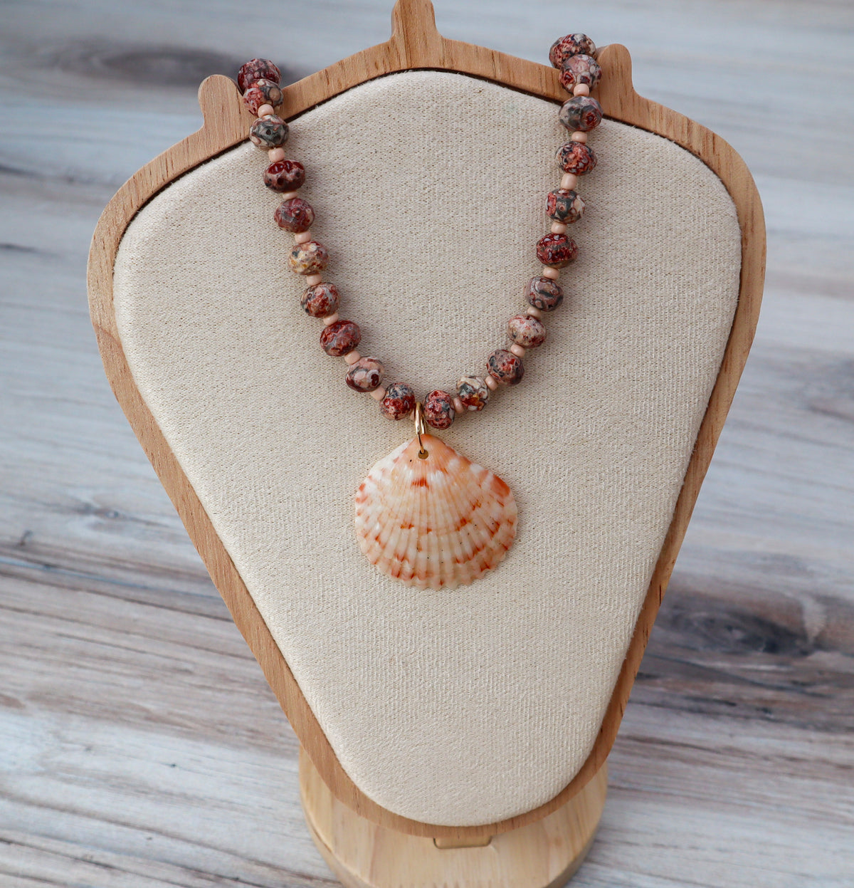 Leopard Skin Jasper & Scallop Shell Beaded Necklace