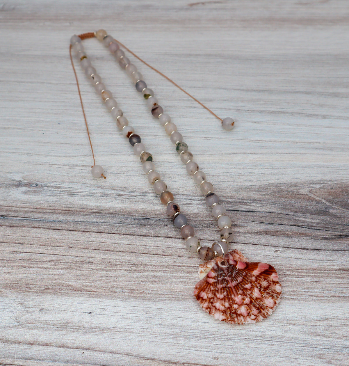Agate and Flat Scallop Shell Beaded Necklace