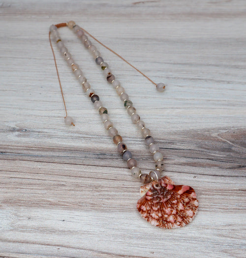Agate and Flat Scallop Shell Beaded Necklace