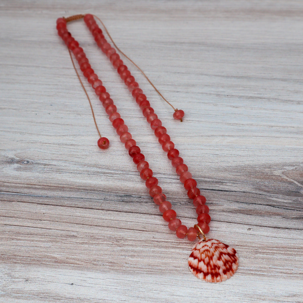Cherry Quartz & Calico Scallop Shell Beaded Necklace