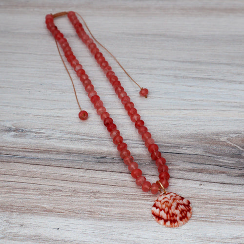 Cherry Quartz & Calico Scallop Shell Beaded Necklace