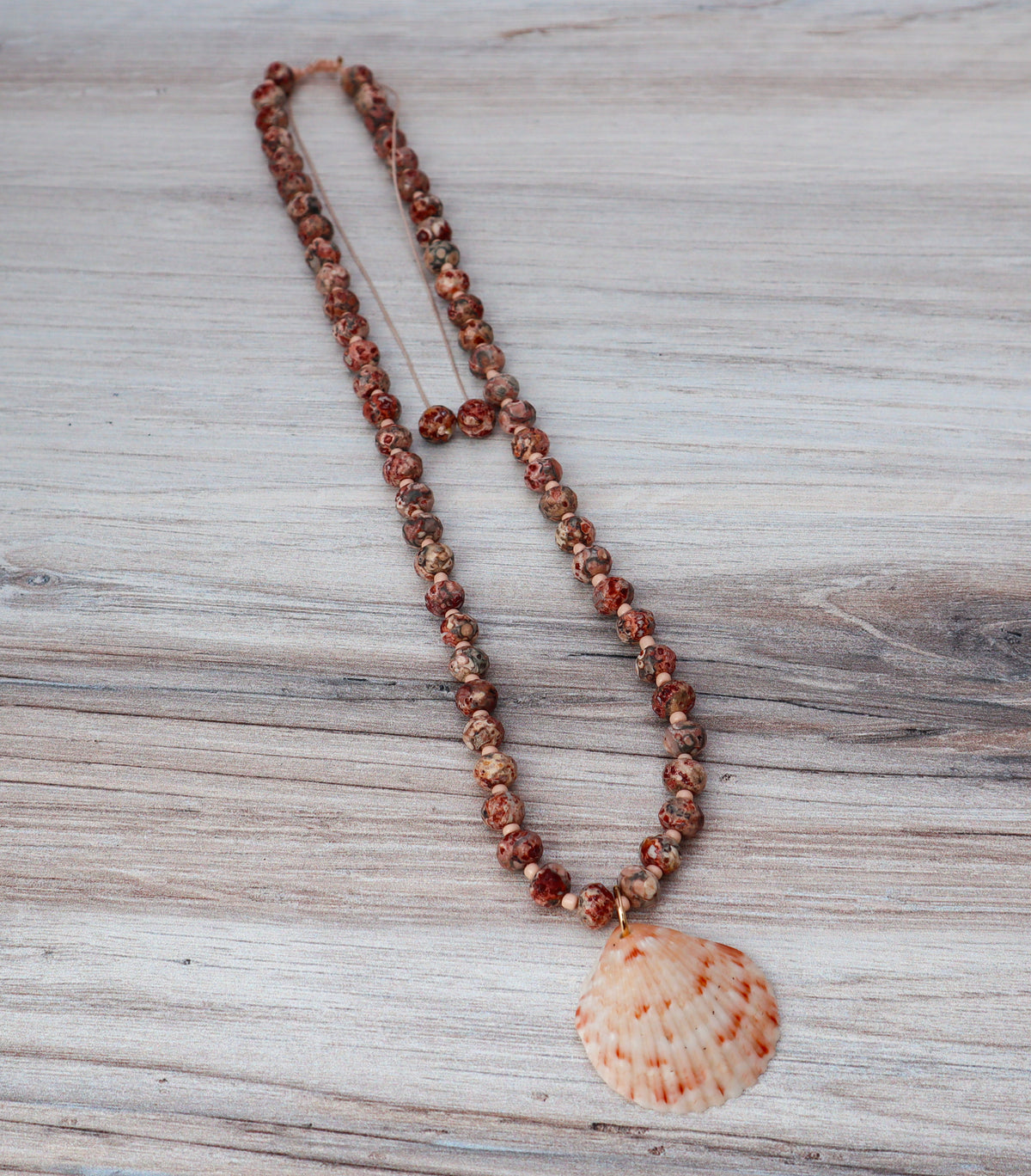 Leopard Skin Jasper & Scallop Shell Beaded Necklace
