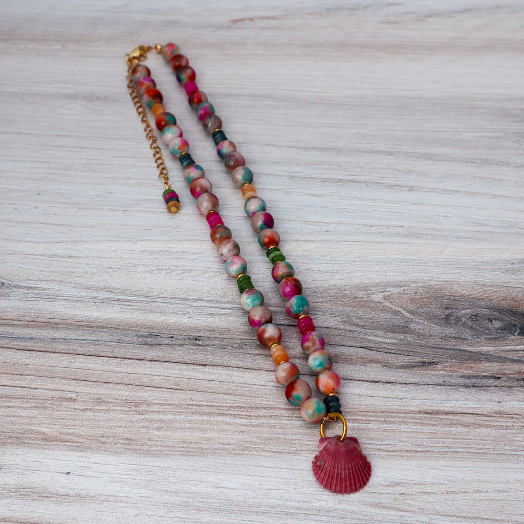 Jade, Glass & Fuchsia Scallop Shell Beaded Necklace