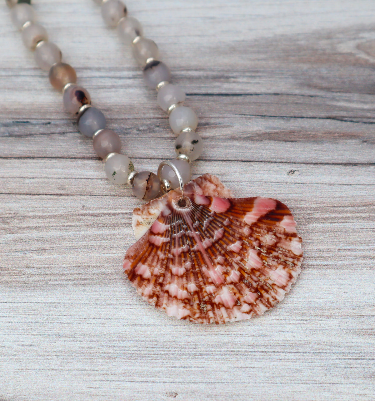 Agate and Flat Scallop Shell Beaded Necklace