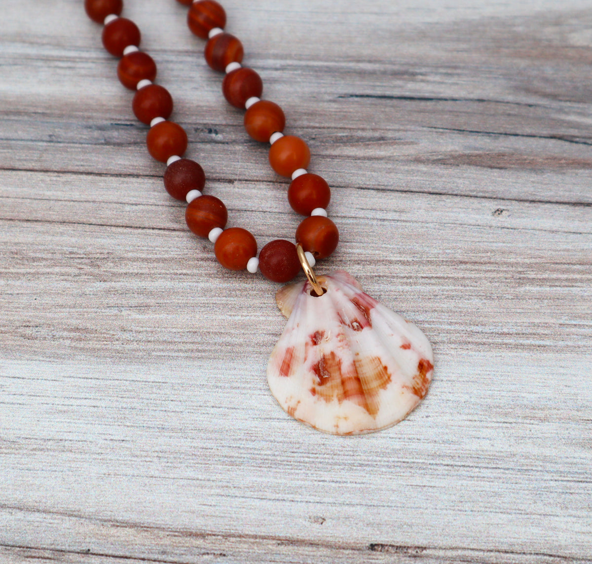 Matte Carnelian & Pectin Shell Beaded Necklace