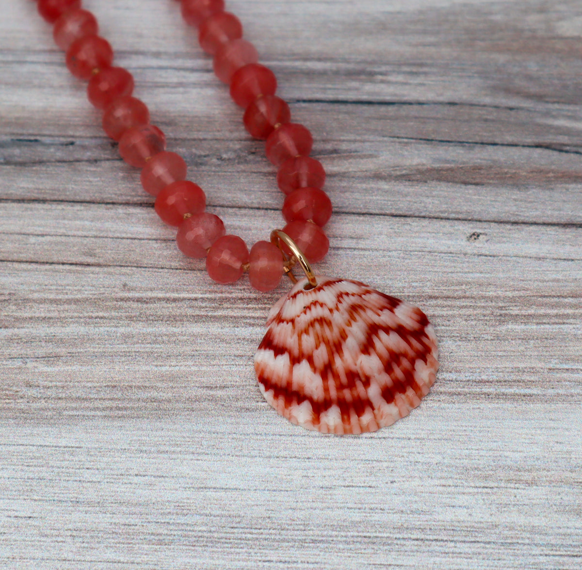 Cherry Quartz & Calico Scallop Shell Beaded Necklace