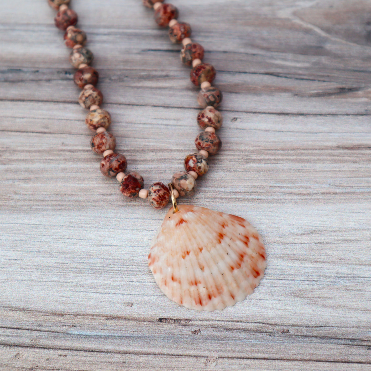 Leopard Skin Jasper & Scallop Shell Beaded Necklace