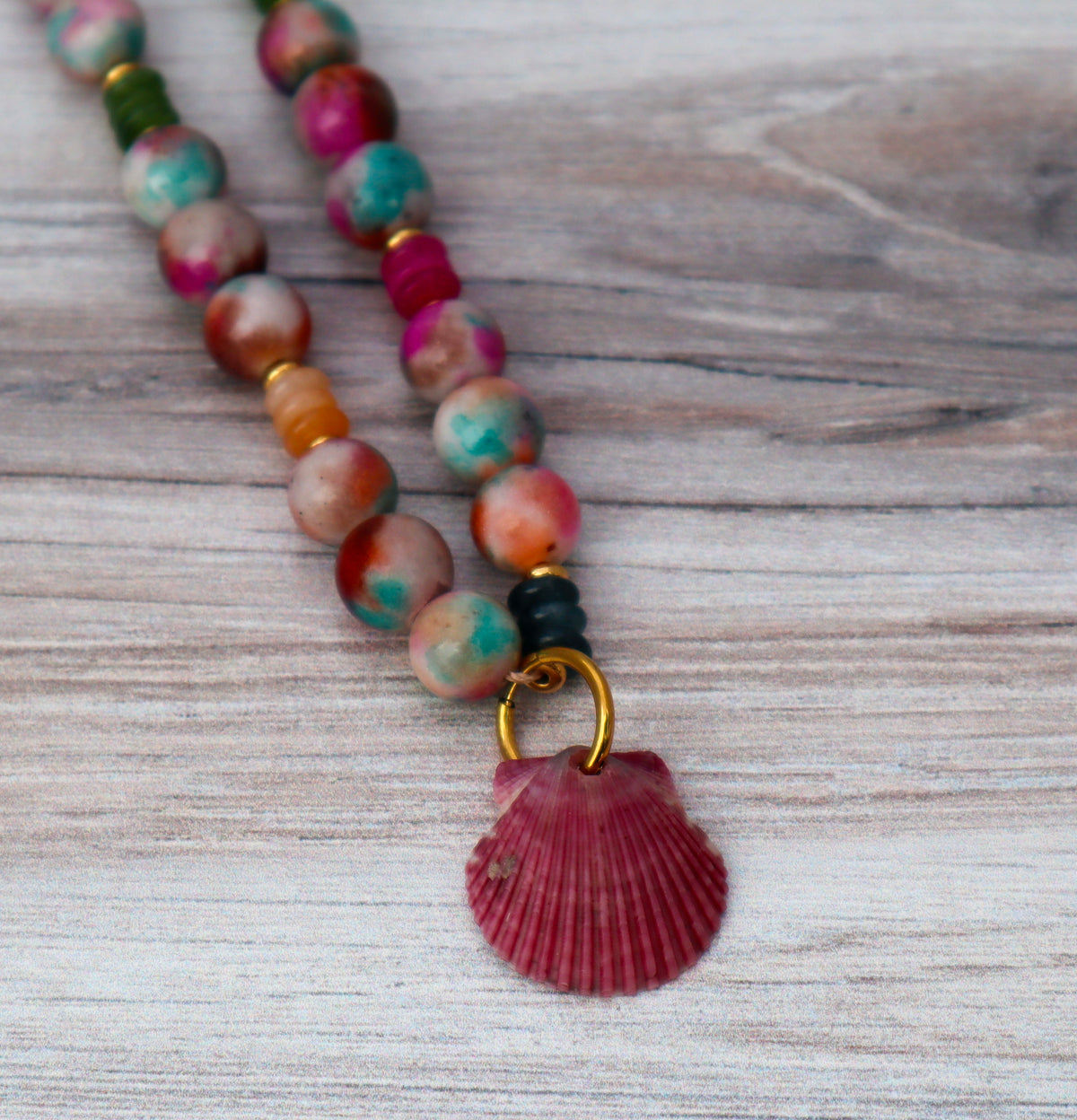 Jade, Glass & Fuchsia Scallop Shell Beaded Necklace